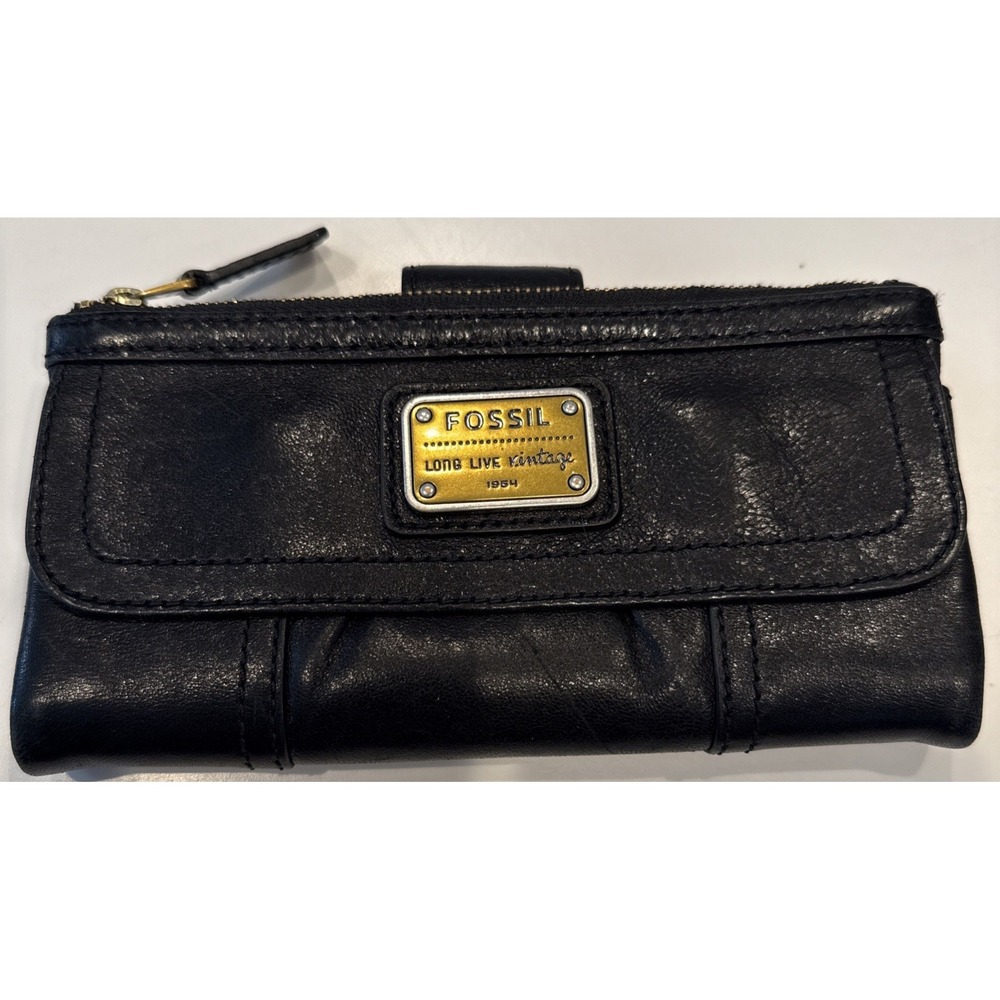 Fossil Long Live Vintage black leather clutch wallet Gold Plaque